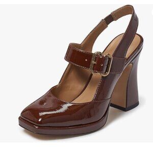 FYS Chocolate Platform Square Toe Block High Heel Mary Janes Slingback Pumps